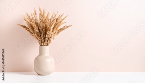 Minimalist Still Life with Dried Grasses in a Ceramic Vase on a Table Against a Soft Pink Wall