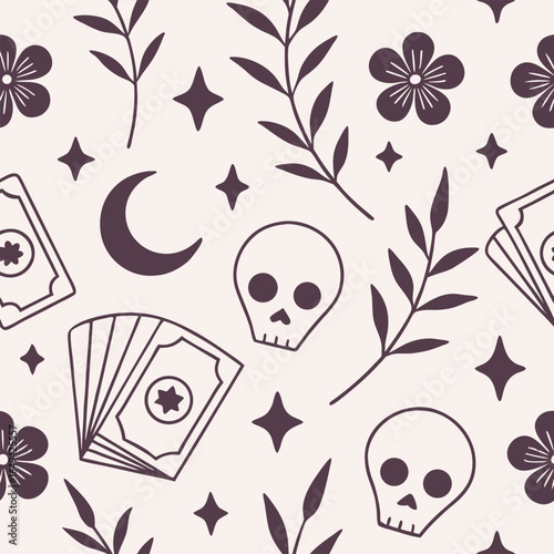 Celestial and occult seamless pattern with skulls tarot cards and flowers Keywords: occult