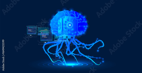 Neon blue jellyfish‑like AI brain with glowing tentacles drives dashboards, code, and charts, symbolizing machine learning, data processing, and automation.