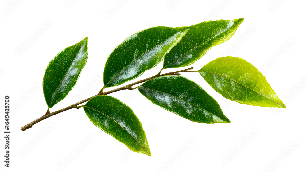 Obraz premium Green branch with smooth, glossy leaves on a white background, cut out transparent