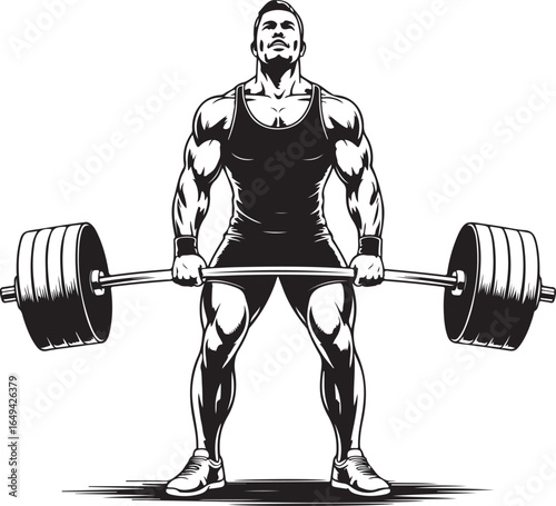 Muscular man in tank top performing deadlift with barbell on white background Keywords: man, muscular