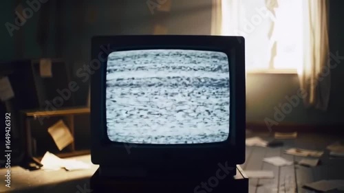 Close-Up of Vintage Broken TV Screen Glowing in Messy Room with Zoom Out Motion