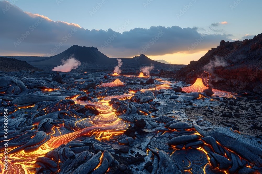 Naklejka premium Lava flowing between rocks at sunset