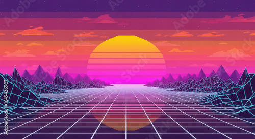Vaporwave Landscape with Pixel Art Sun, Mountains, and Grid - A Nostalgic Scene Evoking the 1980s Aesthetic for Digital Art and Design Projects