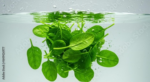 Fresh baby spinach leaves submerged underwater with air bubbles, healthy organic greens being washed for salad preparation