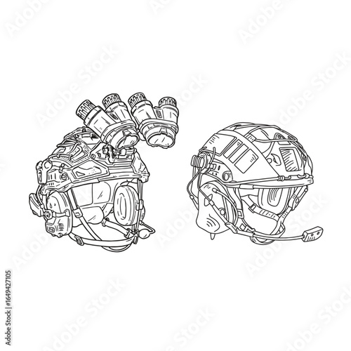 vector sketch illustration of Tactical military special force Helmet with Night Vision