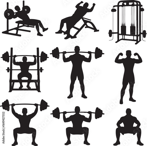 Collection of fitness silhouettes exercising with weights and gym equipment workout exercise