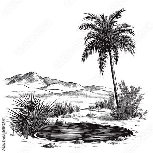 Monochrome illustration of an oasis landscape with water pond and palm trees. Palm Trees and Water Pond Sketch Vector.