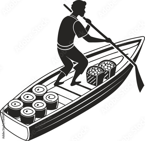 man rowing boat with sushi delivery illustration