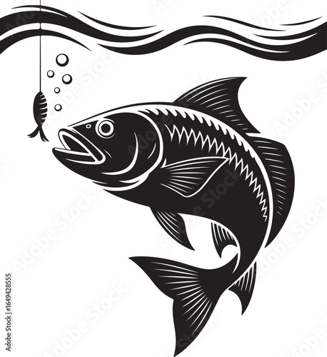 Large fish bites bait underwater fishing scene