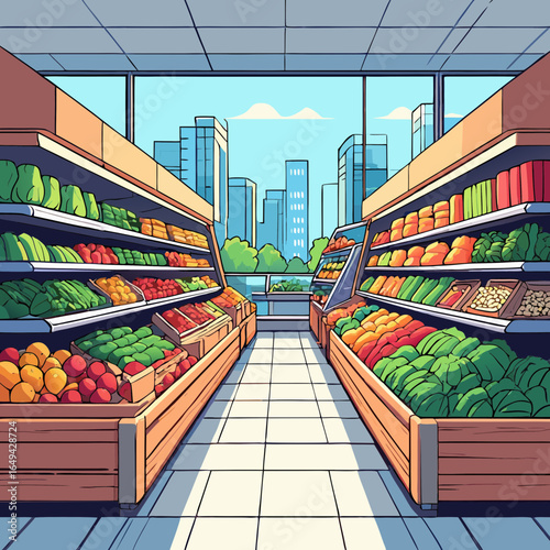 Vibrant grocery store aisle filled with fresh produce and a city skyline view