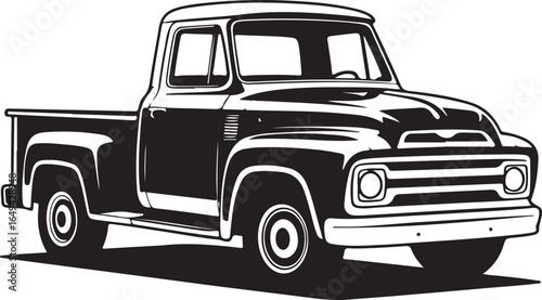 Vintage black and white illustration of a classic pickup truck vehicle automobile