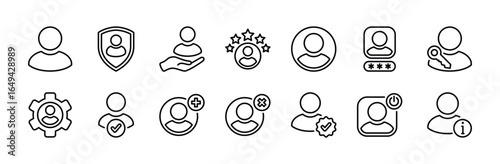 User account, avatar profile, icon set. Person, people, human. Contains security protection, login password key, photo, official, setting, add button, delete, information, turn off, rating, privacy