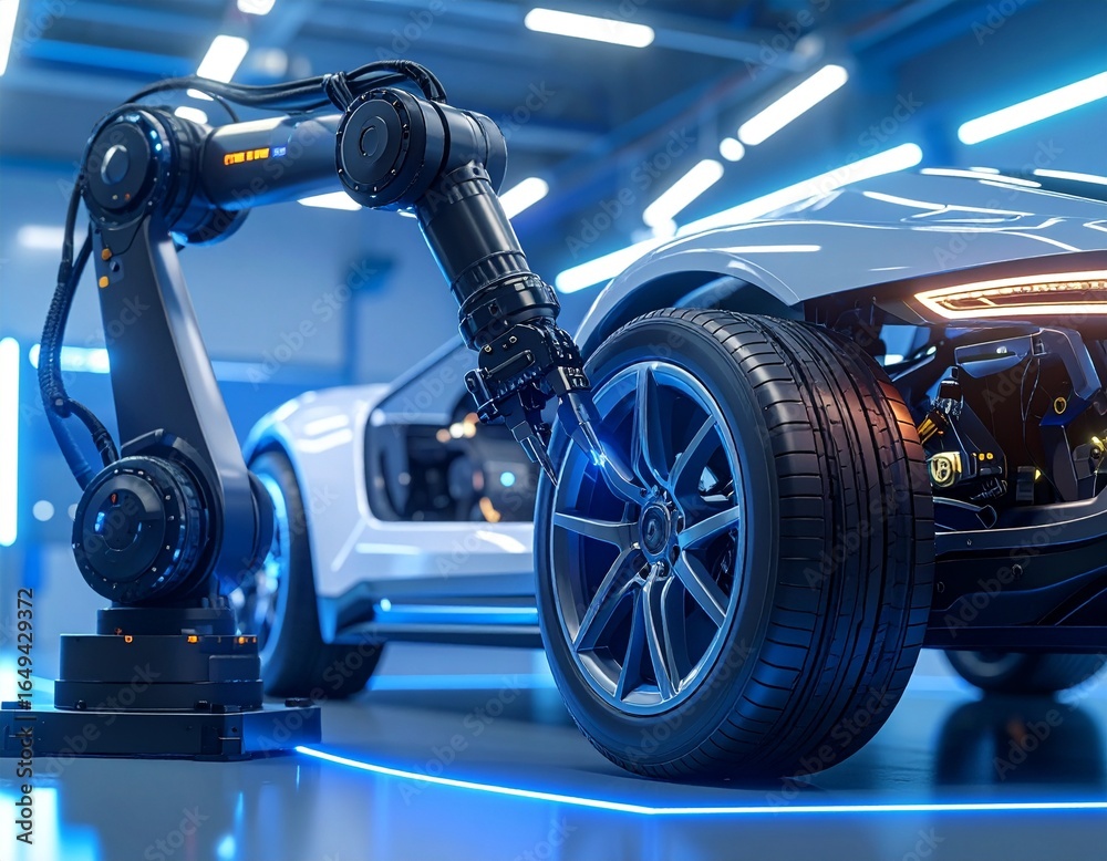 Fototapeta premium Robot Arms Installing Tires on a Futuristic Car
