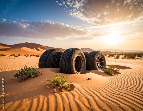Desert Scene with Abandon Car Tires Half Buried