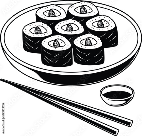 sushi rolls on plate with chopsticks
