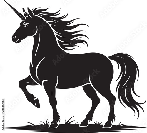 Majestic black unicorn prancing elegantly on grass