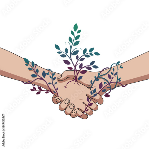 Two hands firmly shaking, symbolizing a powerful and sustainable partnership blossoming with nature's vibrant growth, representing eco-friendly collaboration and harmony for a better future.