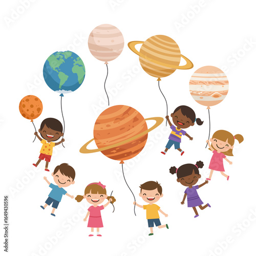 A joyful group of multi-ethnic children floating with colorful planet balloons, illustrating a fun approach to learning about the solar system.