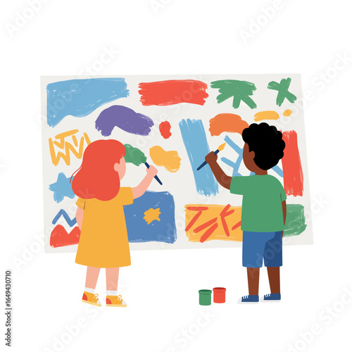 Two children, a boy and a girl, happily painting a large mural with colorful abstract shapes, fostering creativity and imagination.