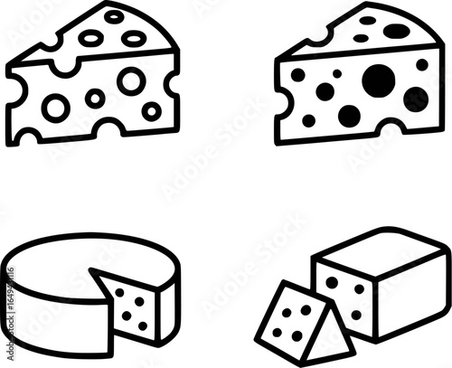 Set of four simple cheese icons in black line art style. Collection of dairy food symbols including wedge, wheel, and block illustrations.