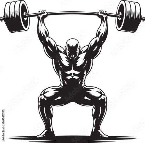 Muscular athlete lifts heavy barbell in powerful pose