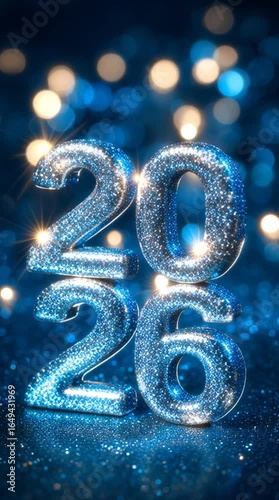 Sparkling blue numbers 2026 against a shimmering backdrop, showcasing a festive atmosphere and celebratory mood