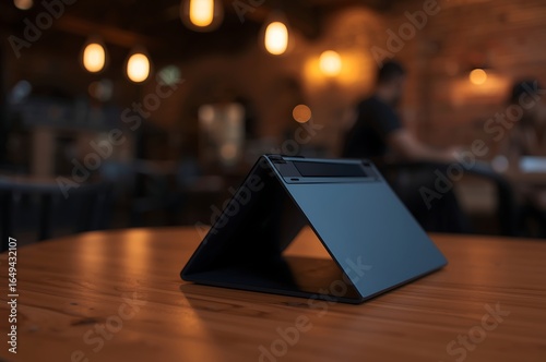 Modern dark laptop open in tent mode on a wooden table in a dimly lit cozy bar with bokeh lights in the background