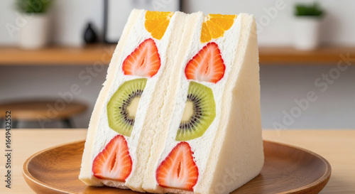 Traditional Japanese Fruit Sandwich (Furutsu Sando) with Strawberries, Kiwi, and Orange