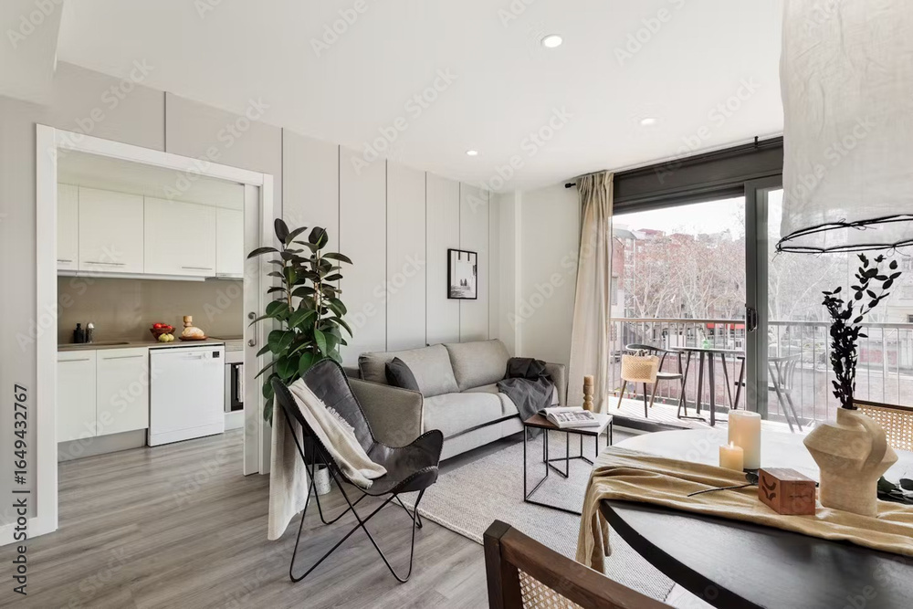 Fototapeta premium Modern luxury apartment interior in minimal scandinavian style, 3d rendering