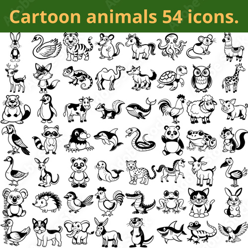 **Flat black and white animal icons in simple cartoon style