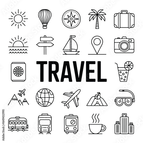 A collection of 60 black and white line art travel and transportation icons arranged in 6 rows.