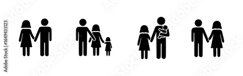 Symbolic representation of various family configurations and their relationships, shown in simple black and white illustrations