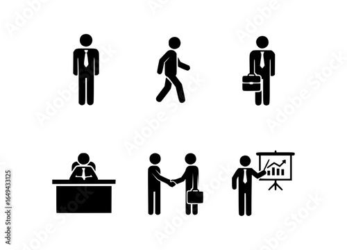 A collection of simple business icons, depicting various business activities and actions. These icons show a stick figures in different poses and scenarios