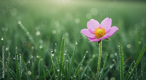 A single pink flower stands amidst blades of grass covered in morning dew in a green field scene