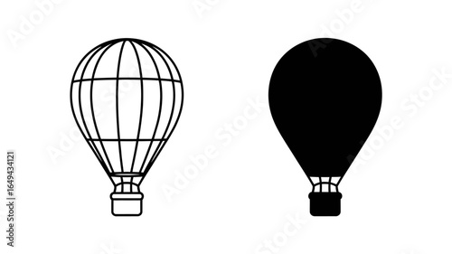 UntitledVector art of hot air balloon icon isolated on white background, presenting a classic outline and solid silhouette of a balloon, ideal for travel, adventure, or celebratory themes