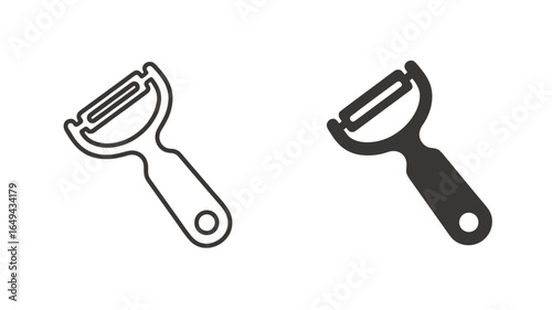 UntitledVector art of two vegetable peelers in black and white isolated on white background, one with a filled form and the other an outline, representing kitchen tools and food preparation