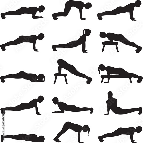 Collage of 12 black silhouette figures performing various plank exercises on a white background fitness