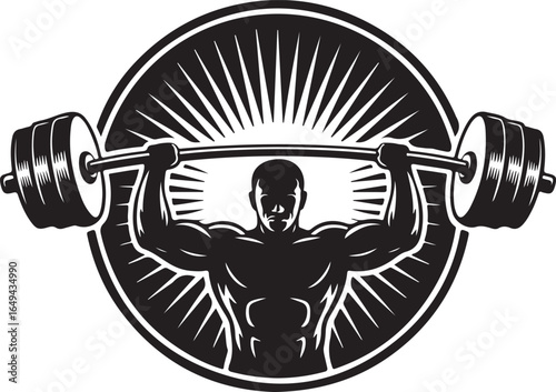 Muscular man lifting barbell overhead in circular emblem with sunburst weightlifting strength