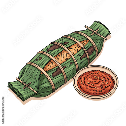 Authentic Indonesian Pepes Ikan Grilled Fish Wrapped in Banana Leaf with Spicy Sambal Sauce