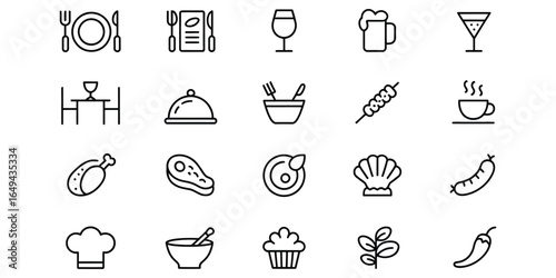 Restaurant Menu Icons:  Modern Line Art Food and Drink Symbols for Web and App Design.