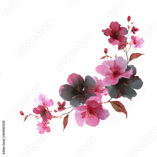 Cluster of pink and dark pink flowers with green leaves on a black background floral bouquet, Isolated On White, Png Transparent, Cut Out