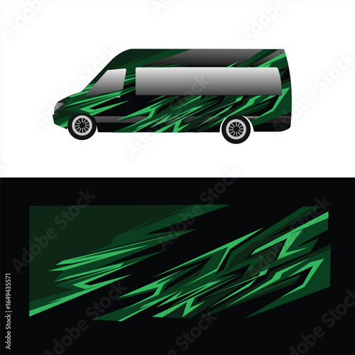 Modern vector van livery design in black and green with sharp, dynamic streak patterns, perfect for vehicle wraps, racing decals, fleet branding, and automotive modifications.
