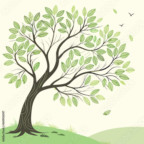 A tree with green leaves and a bird flying above it. The tree is the main focus of the image, and the bird adds a sense of movement and life to the scene