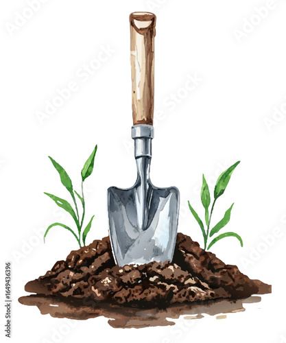 Garden Shovel Stuck in Soil with Young Sprouting Plants – Watercolor Gardening Illustration for Nature Projects, Landscape Design, and Eco-Friendly Printables

