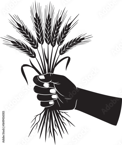 Hand holding bundle of wheat stalks harvest bounty symbol