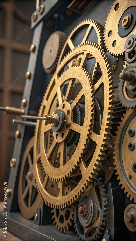 Obraz premium Golden metal gears interlock closely in a complex mechanism. This detailed view shows the intricate workings of brass clockwork machinery.