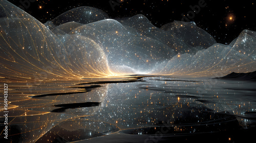 Cosmic strings of light weaving through multidimensional space, forming perfect geometric entanglement patterns.