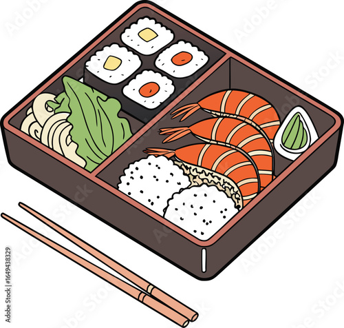 japanese bento box with sushi rice and shrimp