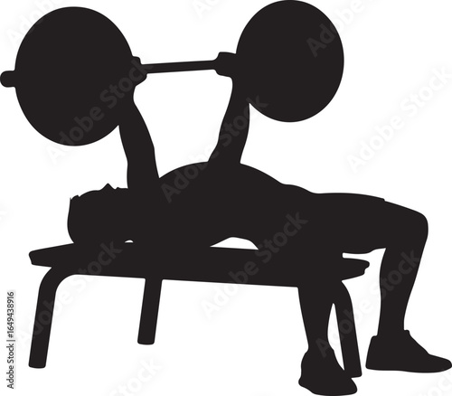 Silhouette of man performing bench press on weight bench with barbell weightlifting strength